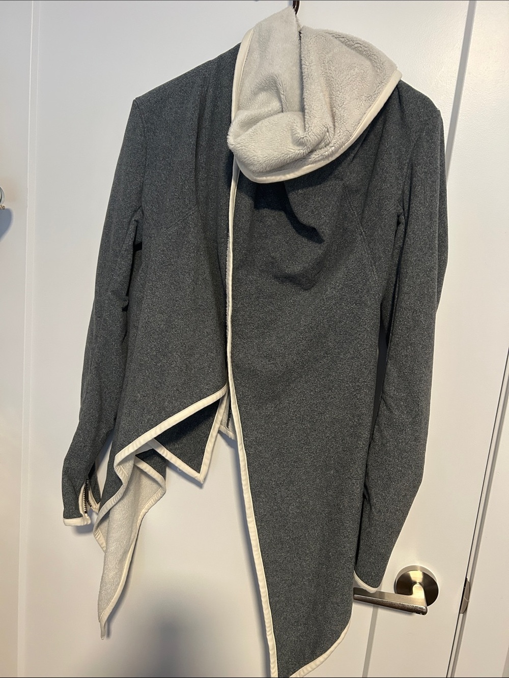 lululemon athletica Charcoal Gray Hooded Open-Front Sweater with Cream Trim